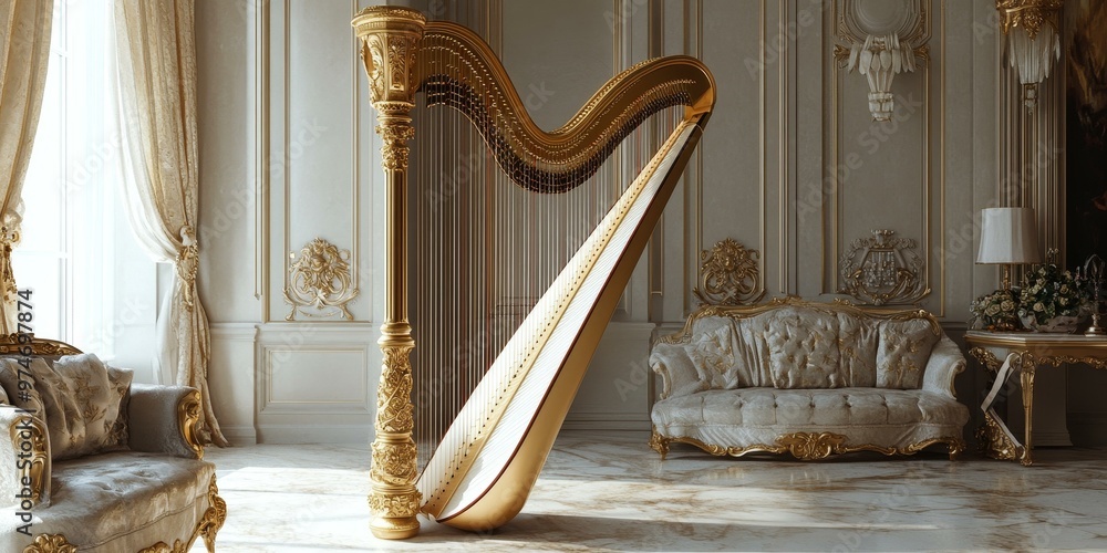 Sticker Ornate harp in a luxurious room.