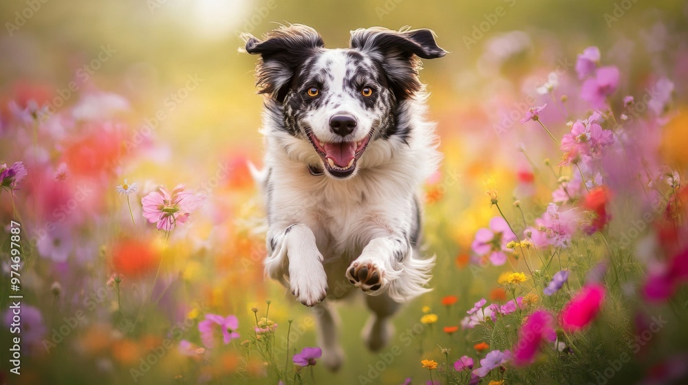 Poster a playful photo of a dog bounding through a field of colorful wildflowers, with its fur and flowers 