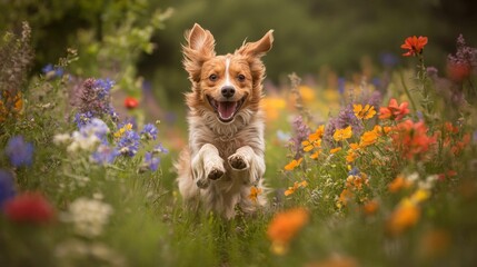 A playful photo of a dog bounding through a field of colorful wildflowers, with its fur and flowers creating a vibrant and cheerful contrast.