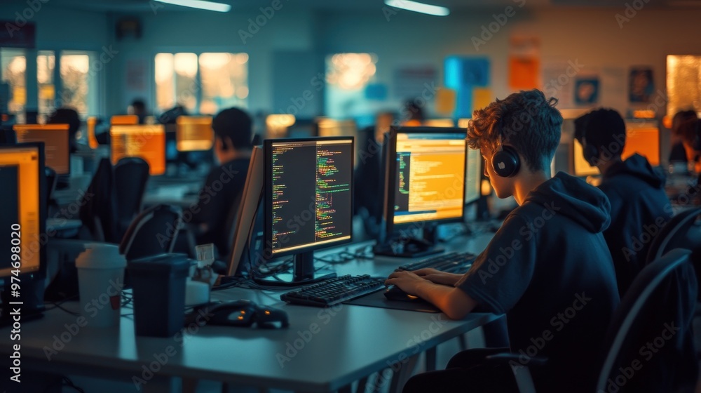 Aufkleber a group of individuals coding in a tech environment, focused on their screens.