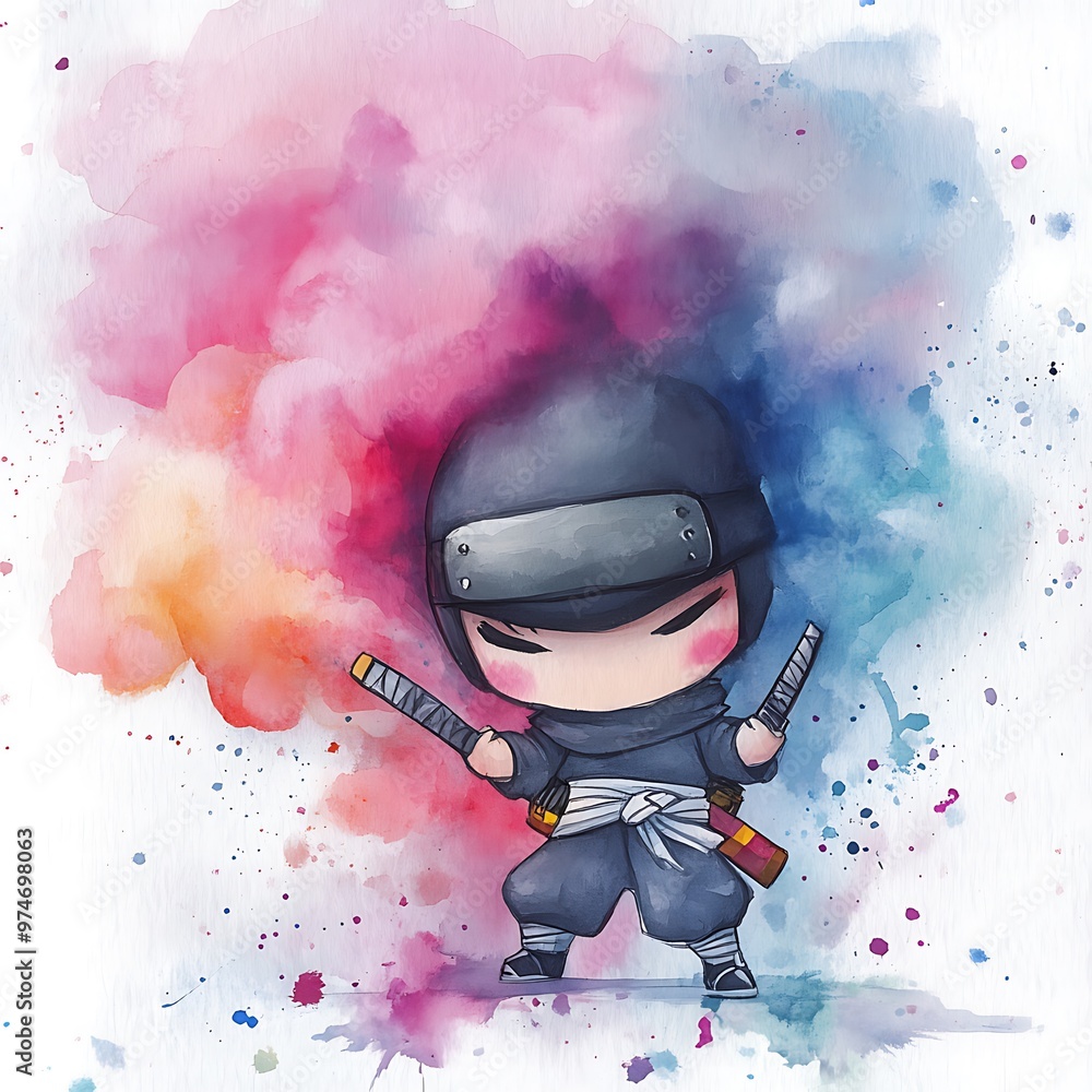 Sticker Watercolor illustration of a cute ninja with two swords in a colorful background.