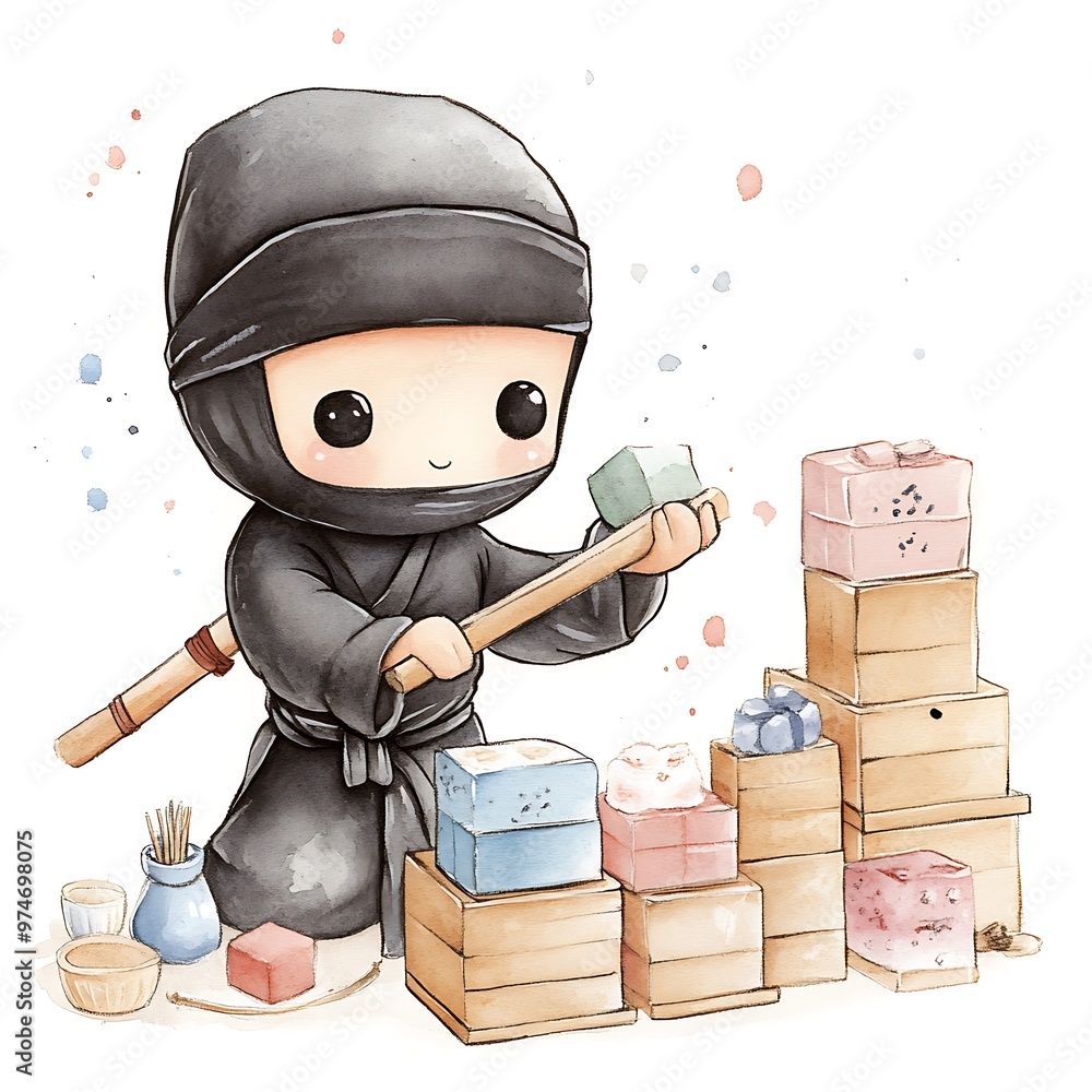 Poster Cute Ninja Character Holding a Wooden Stick Near Stacked Wooden Boxes.