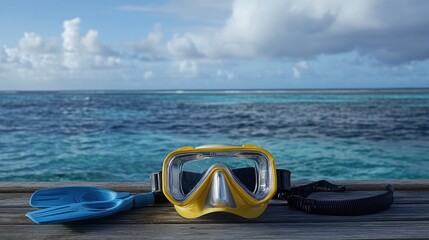 A snorkeling mask and fins resting on a wooden surface, overlooking a serene ocean view.