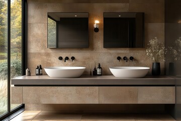 luxurious ensuite bathroom featuring sleek timber vanity with matte black fixtures dual pillshaped mirrors float above casting soft light minimalist design with earthy tones