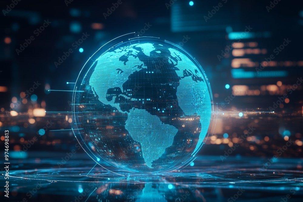 Poster blue holographic globe with world map showcasing data streams in ai communication and vr simulations