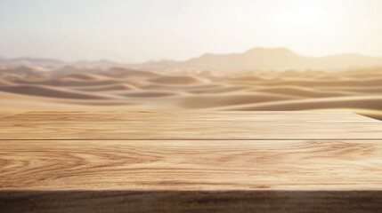 A wooden tabletop in a desert landscape with soft sunlight illuminating the scene.