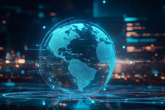Blue holographic globe with world map showcasing data streams in ai communication and vr simulations - Powered by Adobe
