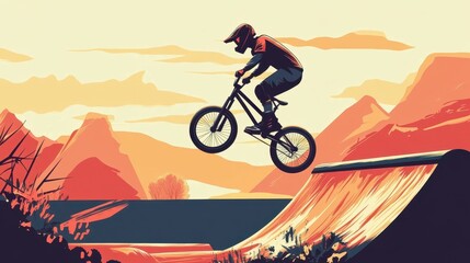 Obraz premium Mountain Biking Silhouette Against Sunset
