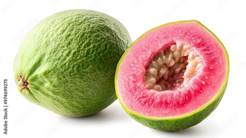 Poster Isolated green guava with pink flesh One whole fruit and a half isolated on white background with clipping path : Generative AI