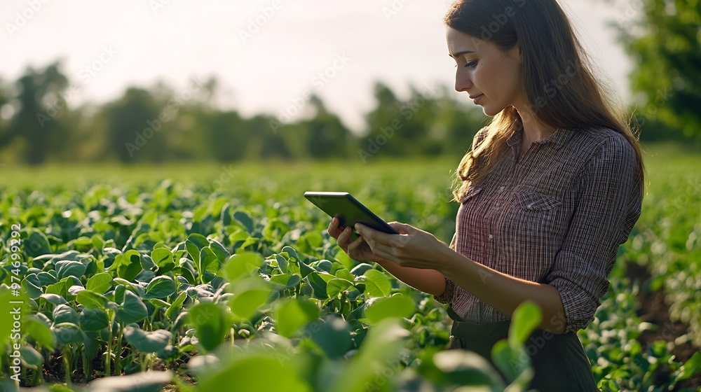 Fototapete smart farming soybean technology female farmer with digital tablet examines and checkins roots of so