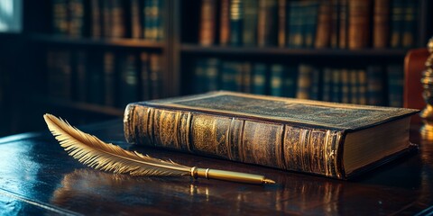 A gold quill pen lies next to a vintage book.