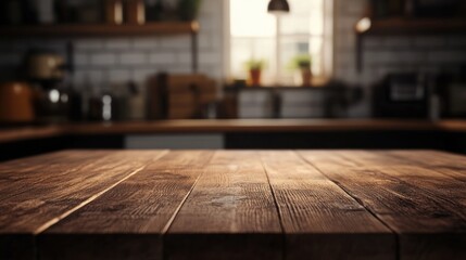 A warm wooden kitchen table with a blurred background, suggesting a cozy cooking space.