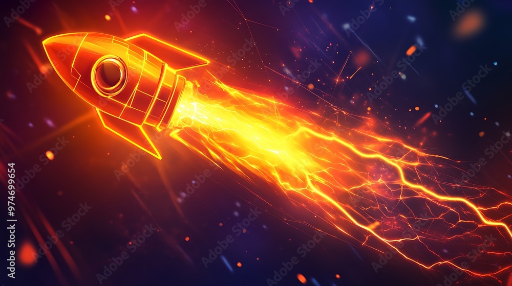 Poster electrifying neon orange rocket in lightning bolt shape with dynamic energy effects on vibrant backg