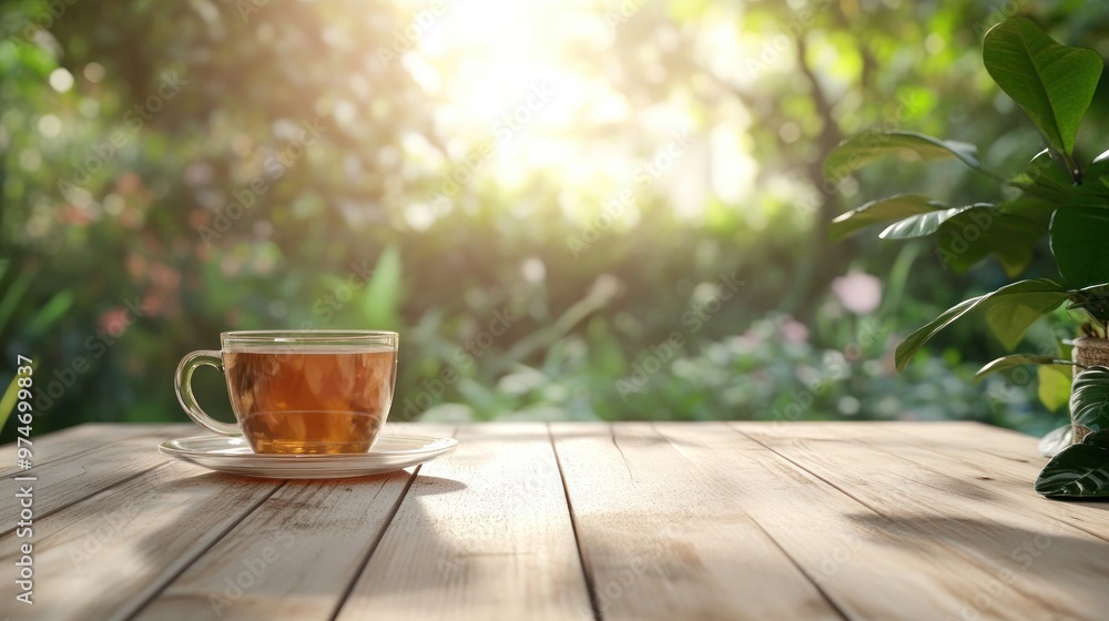 Poster A serene setting featuring a cup of tea on a wooden table amidst a lush garden.