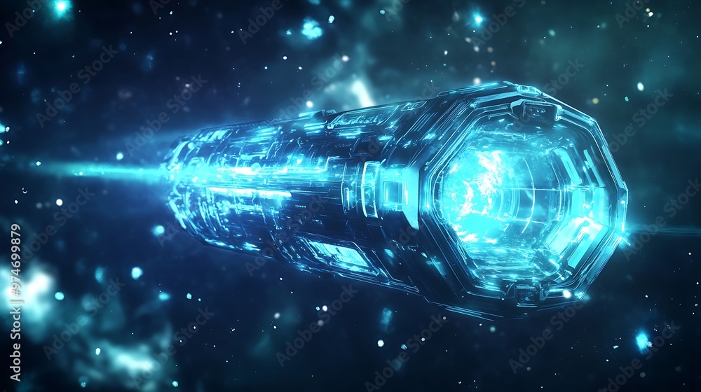 Aufkleber futuristic neon cyan space capsule in hexagon shape with galactic backdrop and swirling lights - vec