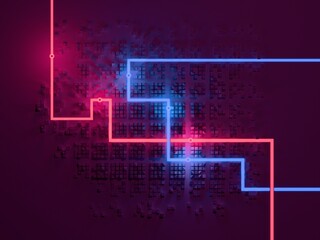 Abstract city with neon glowing lights. Cyberpunk, synthwave aesthetic. Digital 3D render.