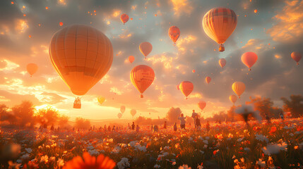 Naklejka premium A whimsical scene of a vibrant hot air balloon festival, with colorful balloons floating across a bright, clear sky. Below, children and families gaze up in awe, their faces lit with joy and wonder.