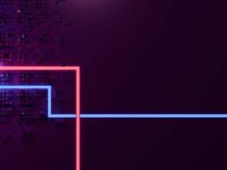 Abstract city with neon glowing lights. Cyberpunk, synthwave aesthetic. Digital 3D render.