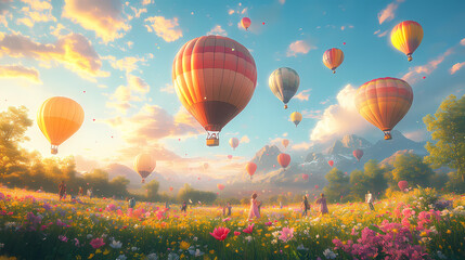 Obraz premium A whimsical scene of a vibrant hot air balloon festival, with colorful balloons floating across a bright, clear sky. Below, children and families gaze up in awe, their faces lit with joy and wonder.