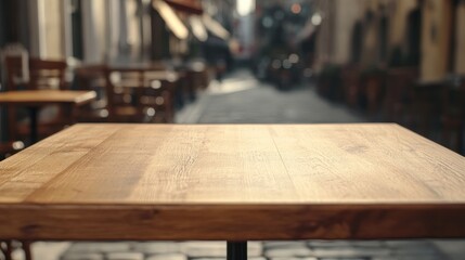 A wooden table in a quaint street setting, suggesting leisure and dining.