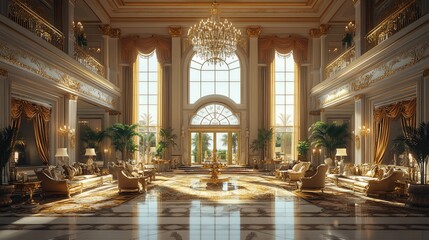 Fototapeta premium Luxurious interior of a grand hall with elegant furniture and large windows, creating a bright and inviting atmosphere.