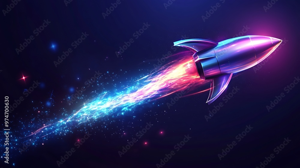 Poster glowing neon silver rocket comet tail in space vector art with sparkling trails for futuristic desig