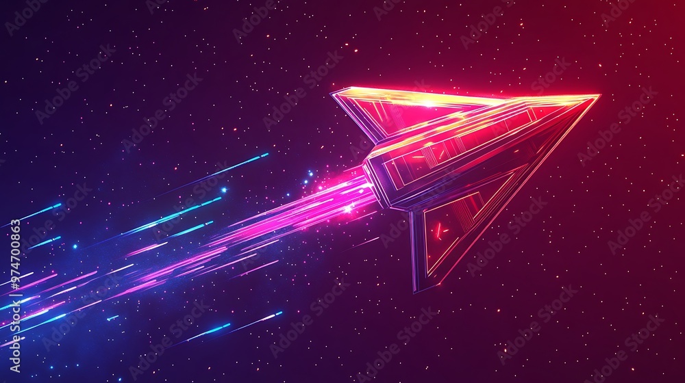 Aufkleber futuristic neon red moon landing module arrow with cosmic backdrop and dynamic illumination