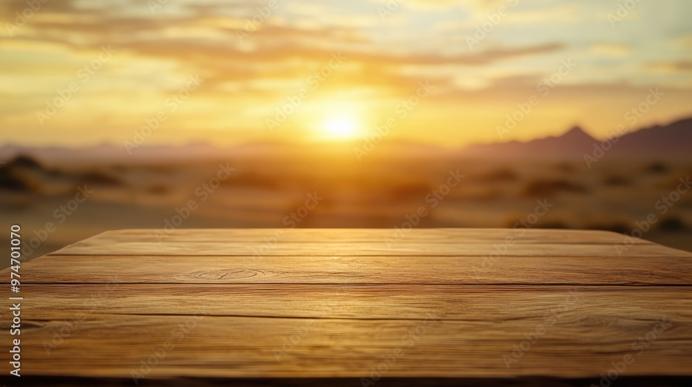 Wall mural A wooden table in the foreground with a sunset over a desert landscape in the background.