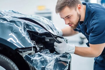 Expert mechanic conducts professional car body repair after accident on a clean white background