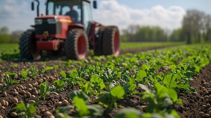 Obraz premium In spring farmers use farm machinery to grow peanuts Farmers use tractors to grow peanuts : Generative AI