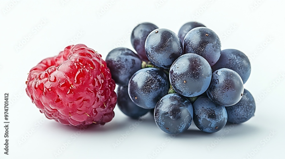 Poster One half of a berry and one bunch of grapes macro isolated on white background : Generative AI