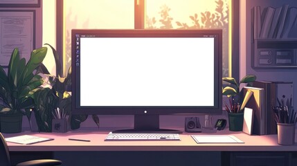 A serene workspace with a blank monitor, plants, and organized stationery.