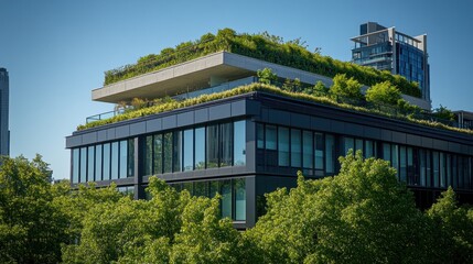 Modern building with a green rooftop, surrounded by trees and urban landscape.