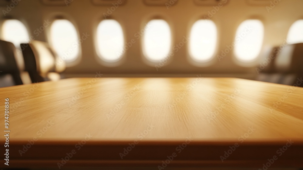 Wall mural A wooden table in an airplane cabin with soft lighting and windows in the background.