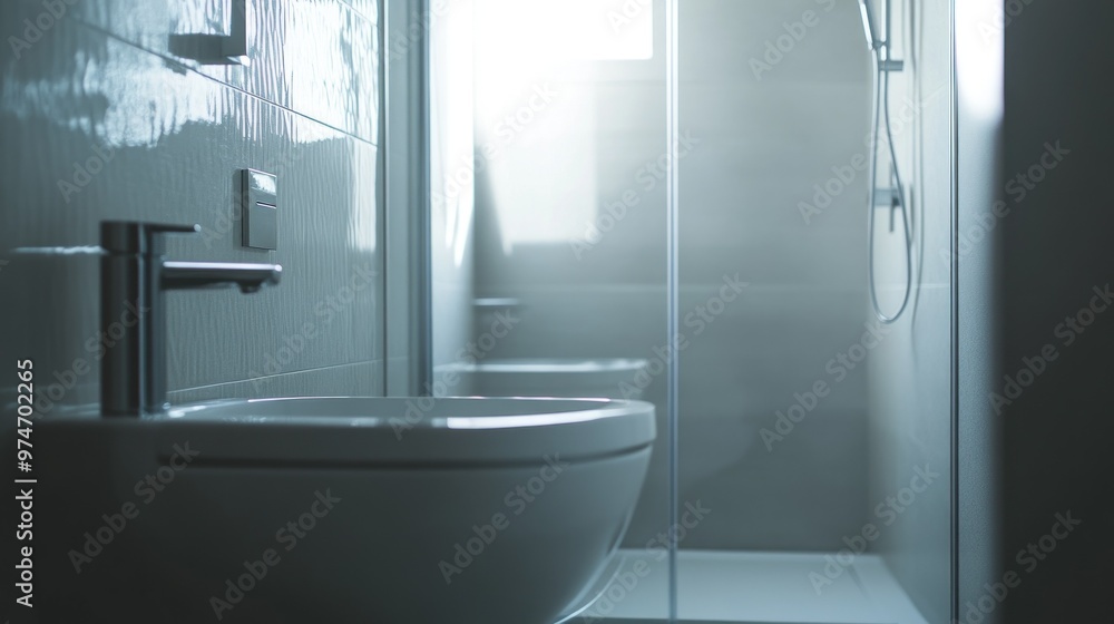 Sticker A modern bathroom featuring a shower, toilet, and sleek tiles with natural light.