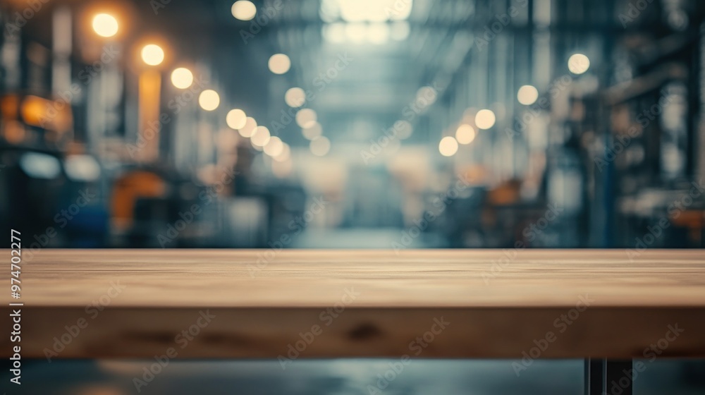 Canvas Prints A blurred industrial workspace with a wooden table in the foreground.