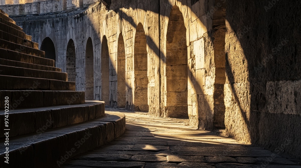 Poster sunlight casts shadows on ancient stone steps within a historic architectural structure.