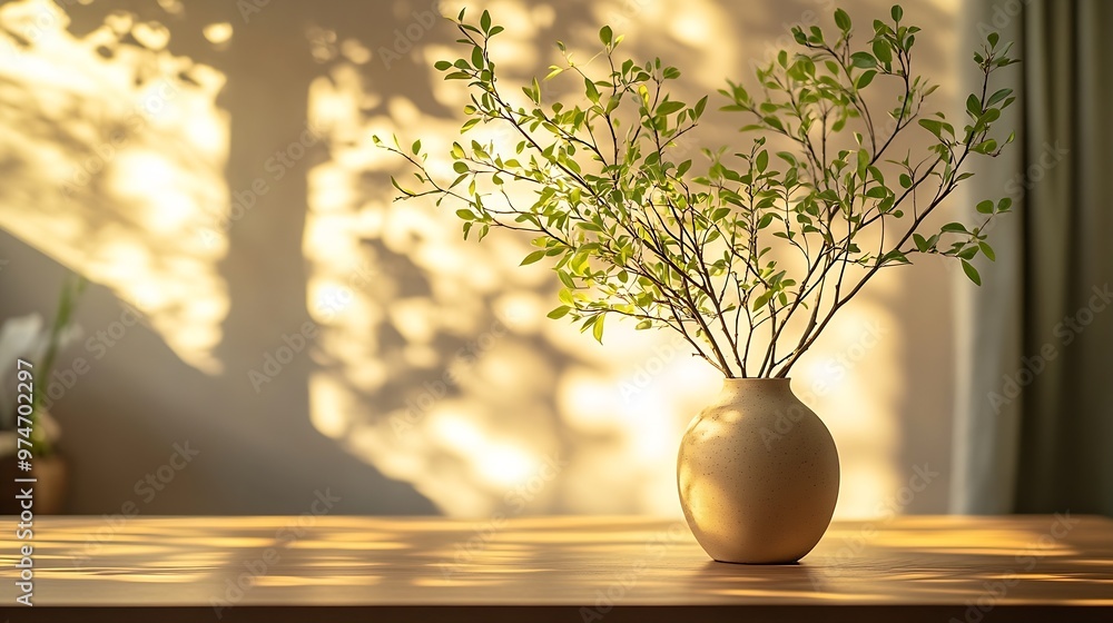 Poster sunny day light and shadows on table for product display : generative ai