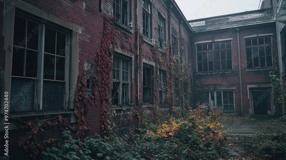 Canvas Prints Abandoned building with overgrown plants and misty atmosphere.