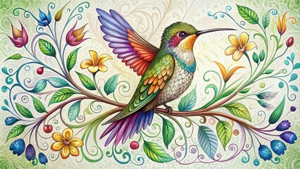 Vibrant hummingbird perched on a delicate vine, surrounded by intricate floral patterns and leaves, ideal for tattoo inspiration or whimsical design elements.