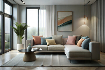 Fototapeta premium Bright and Airy Living Room, Modern Sofa with Colorful Cushions, Stylish Coffee Table, and Lush Greenery for a Cozy Home Atmosphere