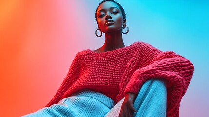 Designer knitwear Stylish fashion model posing in wide leg trousers and a knitted poncho in studio in mixed color light Bright colors New fashionable demiseason collection : Generative AI