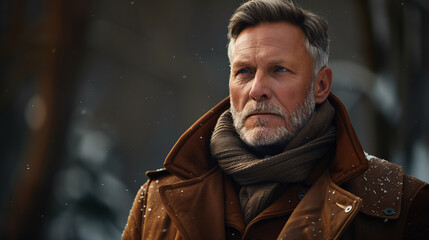 Obraz premium Mature Man in Winter Coat with Scarf in Outdoor Snowy Setting