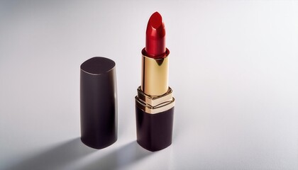 Luxurious Red Lipstick in Gold Tube Displayed on Minimalist White Background with Soft Lighting and Elegant Shadows, Capturing the Essence of Glamour and Timeless Beauty