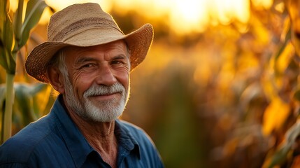 Fototapeta premium Cornfield Harmony With a friendly smile an old farmer poses amidst the cornstalks his portrait a celebration of the serenity found in the heart of natures bounty : Generative AI