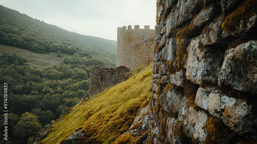 Canvas Prints A scenic view of a moss-covered castle wall surrounded by lush green hills.