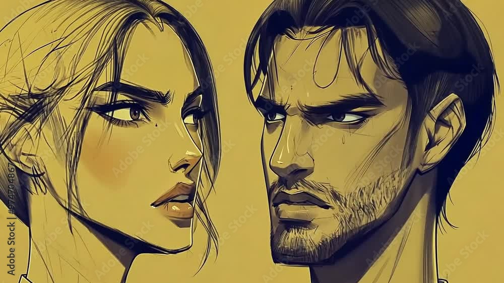 Poster intriguing encounter between two characters in expressive sketch style generative ai