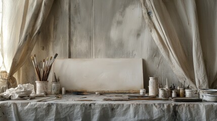 A serene artist's workspace with brushes, paints, and a blank canvas.