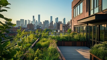 Fototapeta premium Rooftop garden with city skyline view at sunset, showcasing urban greenery and architecture.
