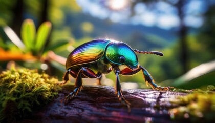 Macro Shot of a Vibrant Jewel Beetle with Iridescent Exoskeleton Perched on a Log in a Lush Forest, Showcasing a Spectrum of Green, Blue, and Orange Metallic Colors Against a Soft, Bokeh Background